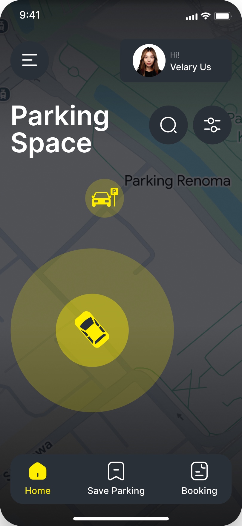 ParkNow app: parking space search screen